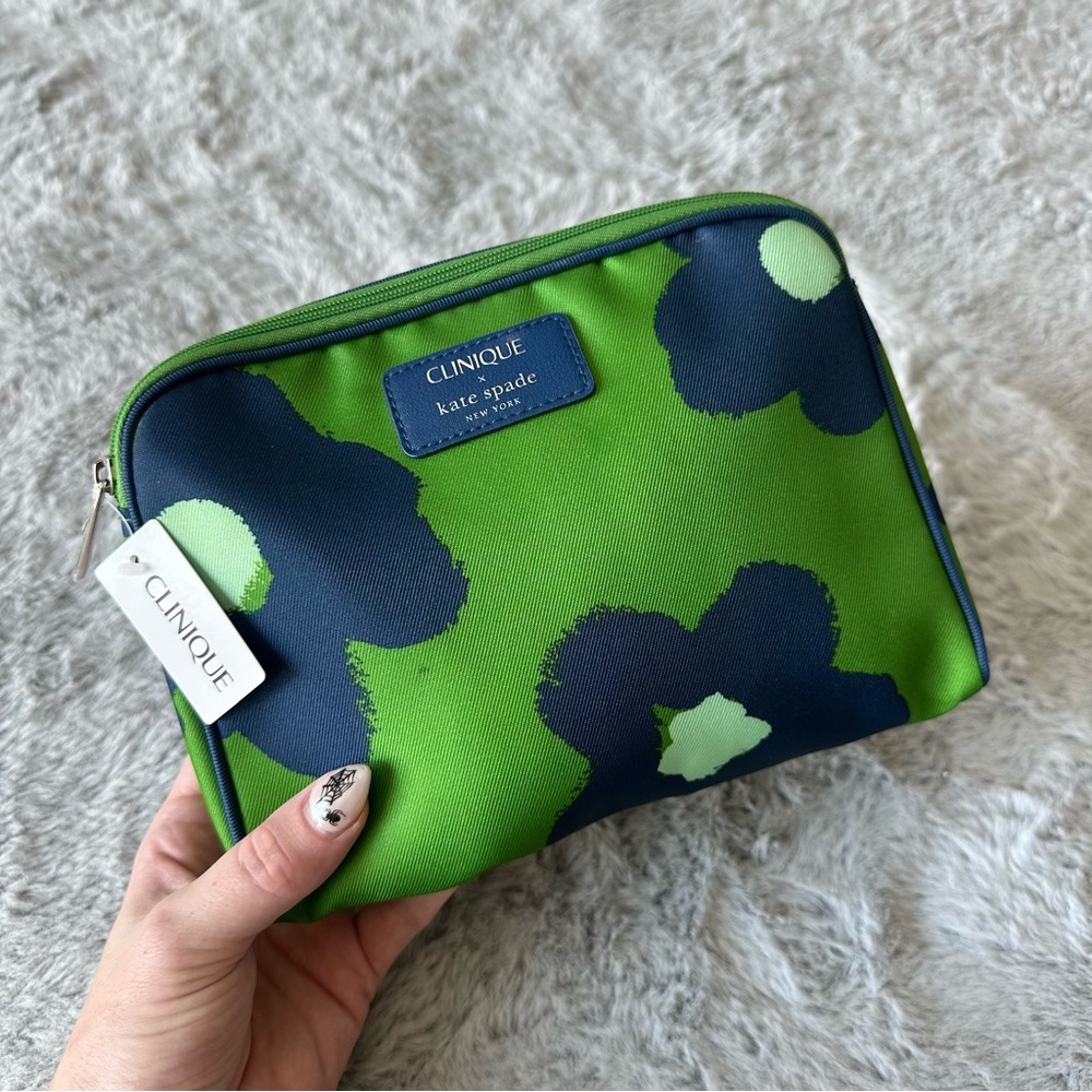 Clinique x Kate Spade Green and Blue Floral Toiletry Make Up Cosmetic Bag NWT